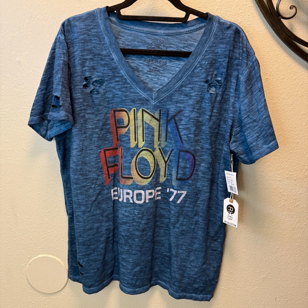 Recycled Karma Pink Floyd Europe '77 Women's Distressed V-Neck Tee Sz M Made USA